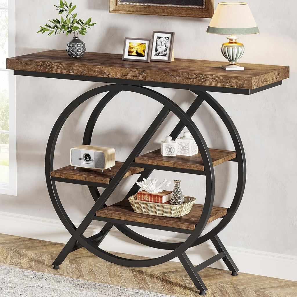 4 Tier Entryway Console Table with Geometric Circle Frame & Storage Shelves - Rustic Brown