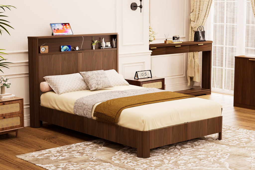 Full Extra Long Bed Frame with Storage Headboard and Built-in Charging Station - Walnut or Natural