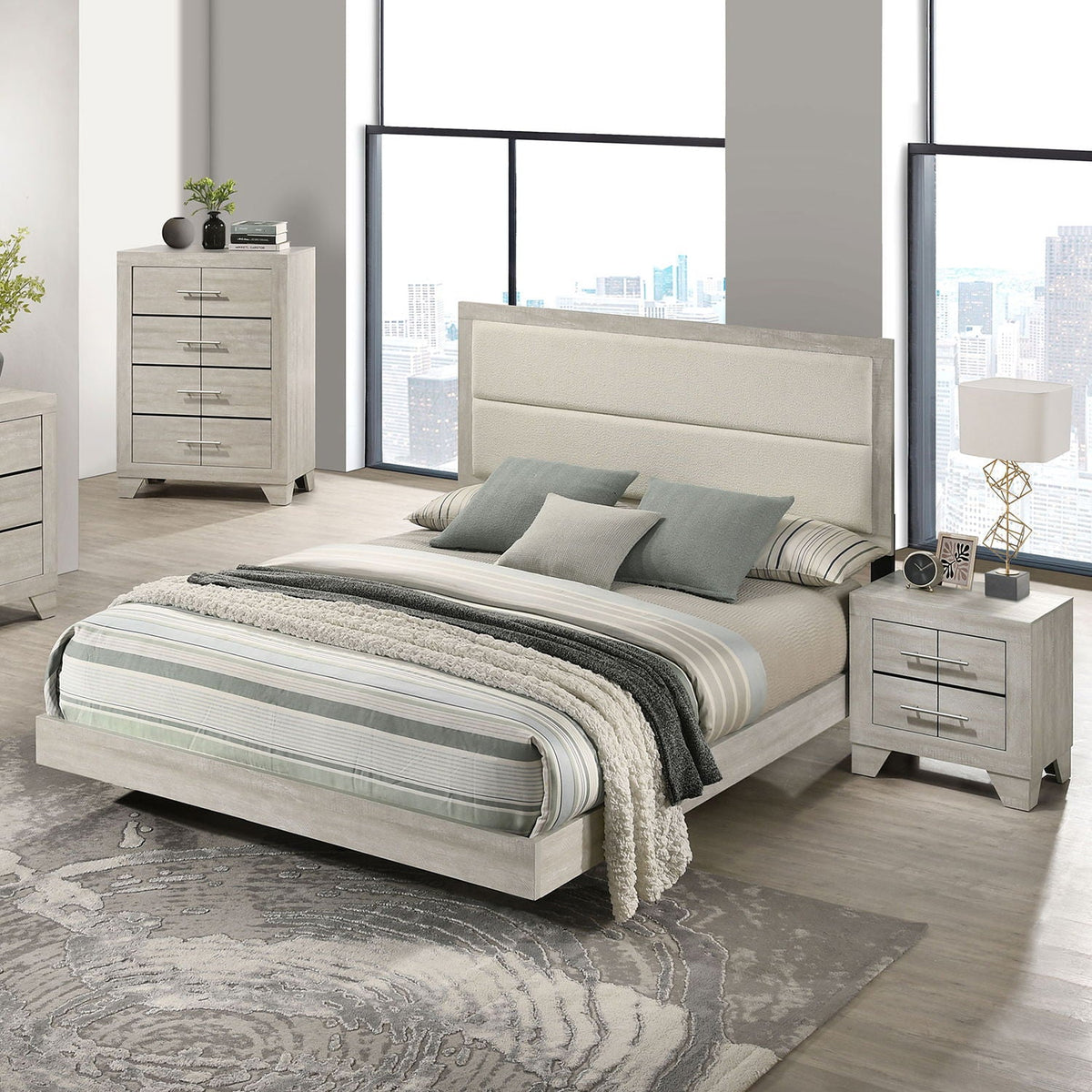 Queen Panel Bed with Upholstered Headboard - Rustic White Washed Finish