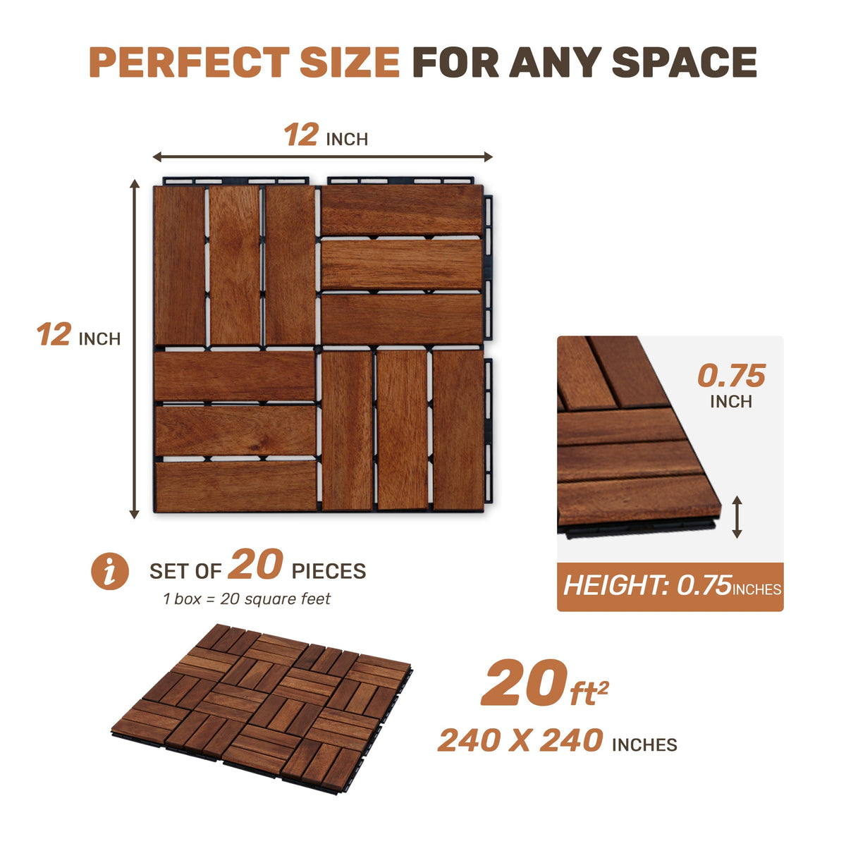 Acacia Wood Interlocking Deck Tiles with Checker Pattern - 20-Piece Set