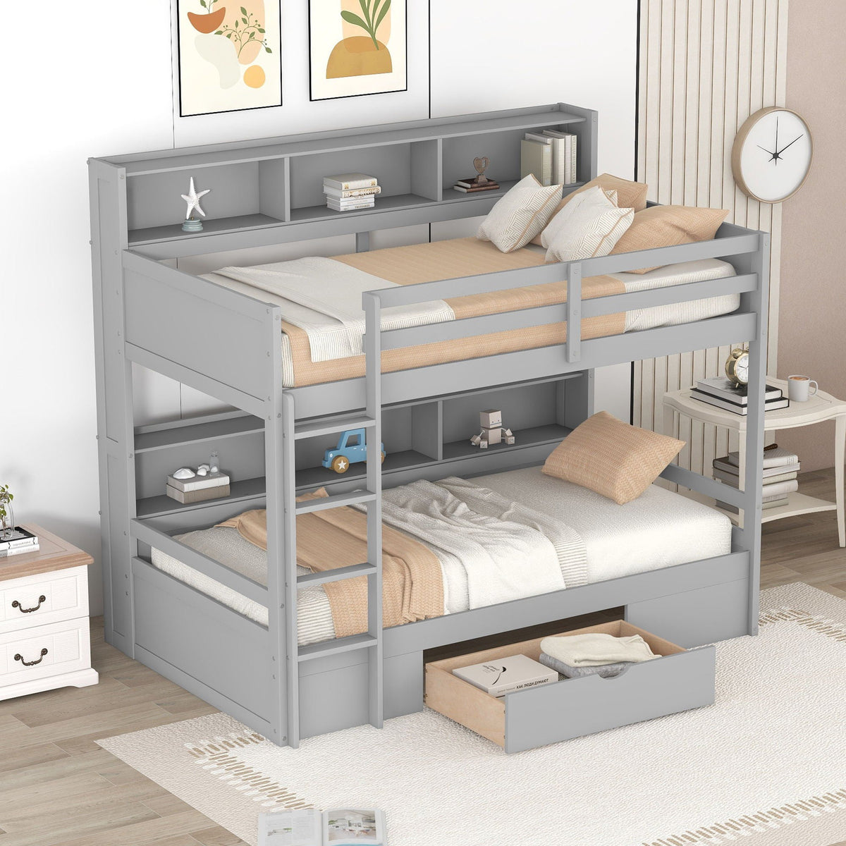 Twin Size Bunk Bed with Built-In Shelves and Storage Drawer - Dark Gray or White