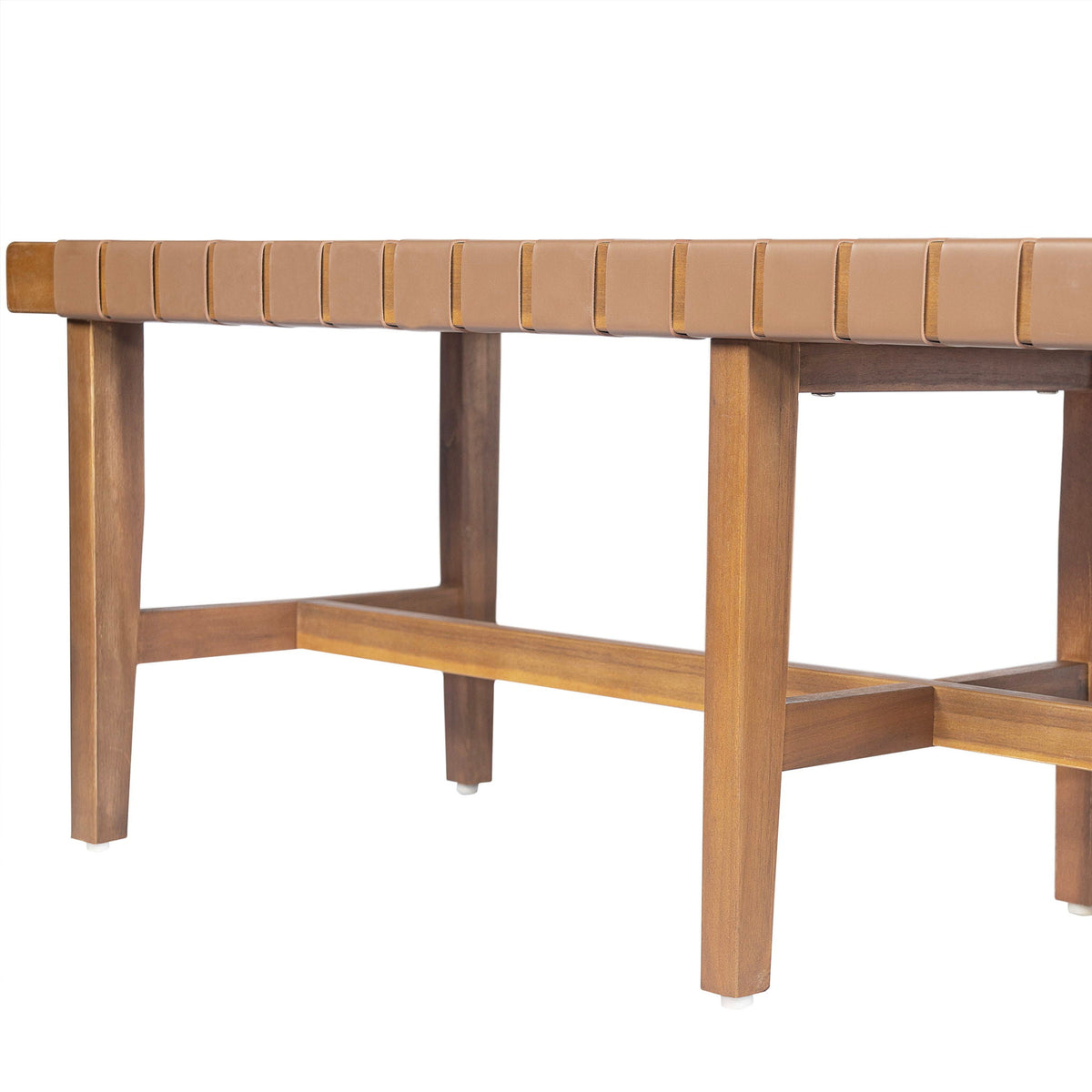 Acacia Wood Bedroom Bench with Woven PU Leather Seat - Warm Teak