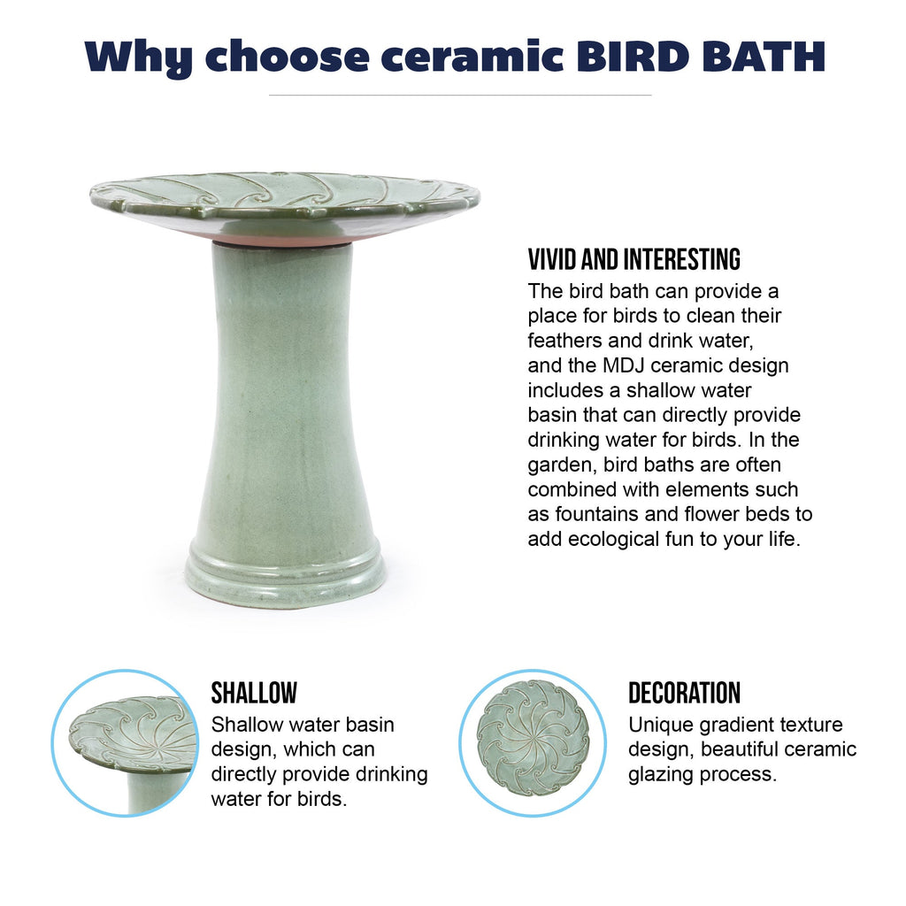 Handmade Glazed Ceramic Bird Bath with Swirling Scroll Design - Glazed Finish