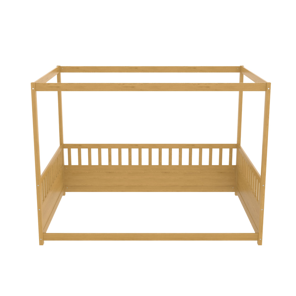 Full Size Canopy Bed Frame with Guardrails for Kids - Pine Wood