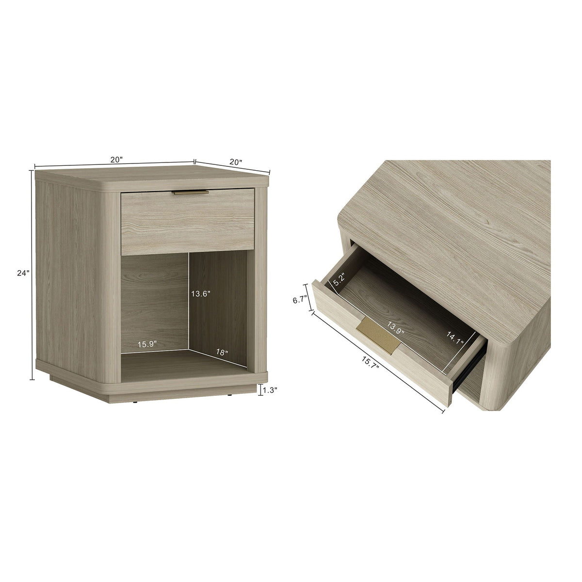 Evelyn Nightstand with 1 Drawer and Open Shelf - Dark Gray, Dark Brown, Light Brown