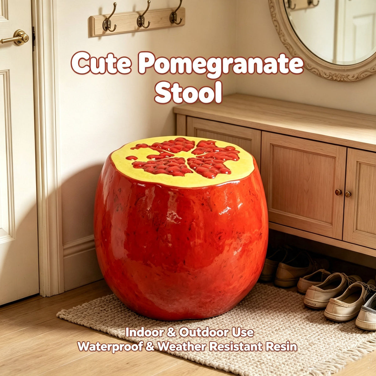 Oversized Pomegranate Fruit Stool with Durable Resin – Red