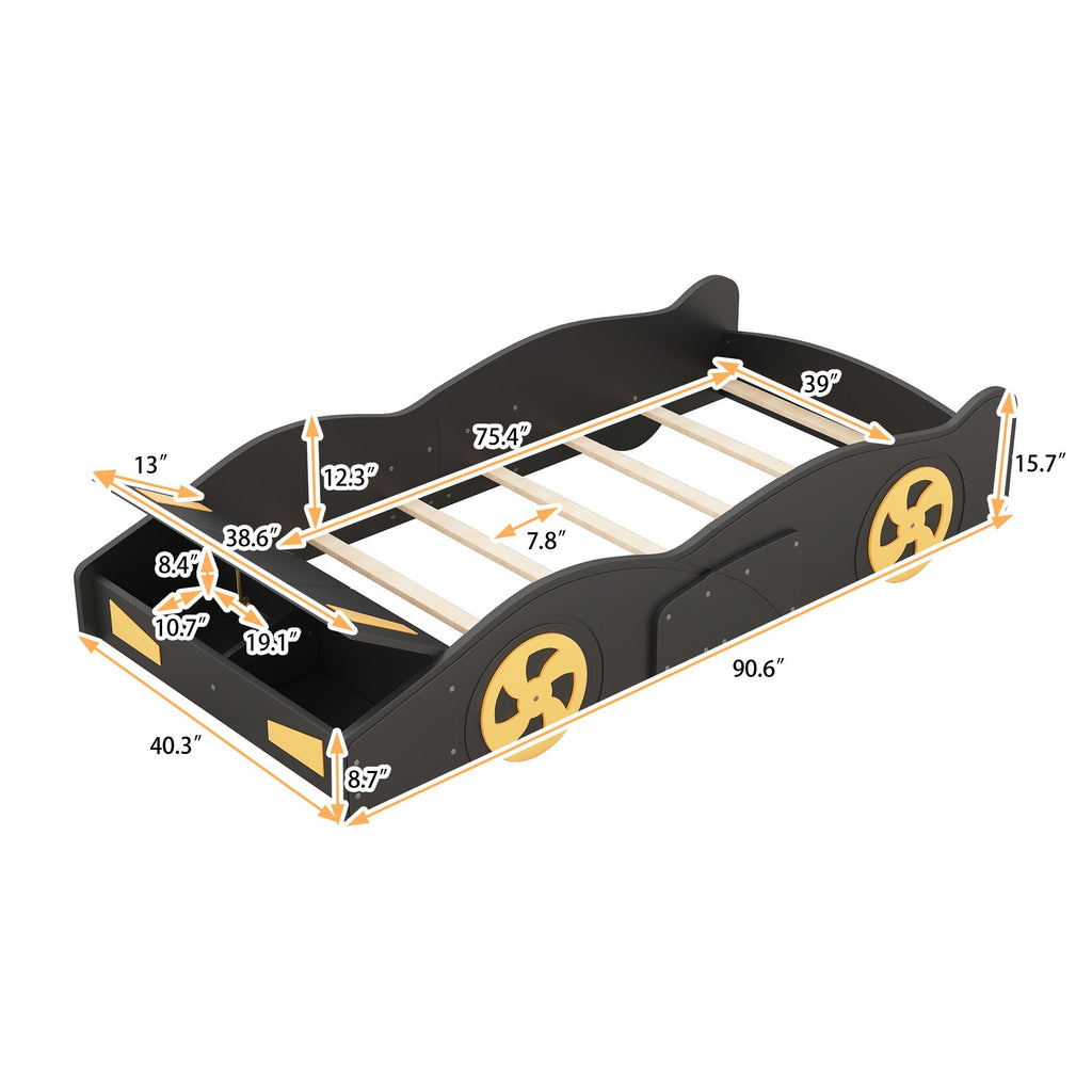 Race Car Platform Bed with Storage and Wheels - Black or Blue