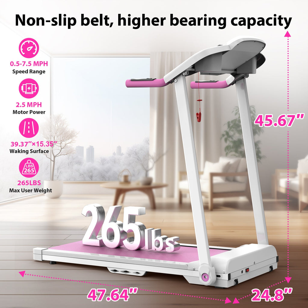 Foldable Treadmill with 2.5HP Motor - White+Pink