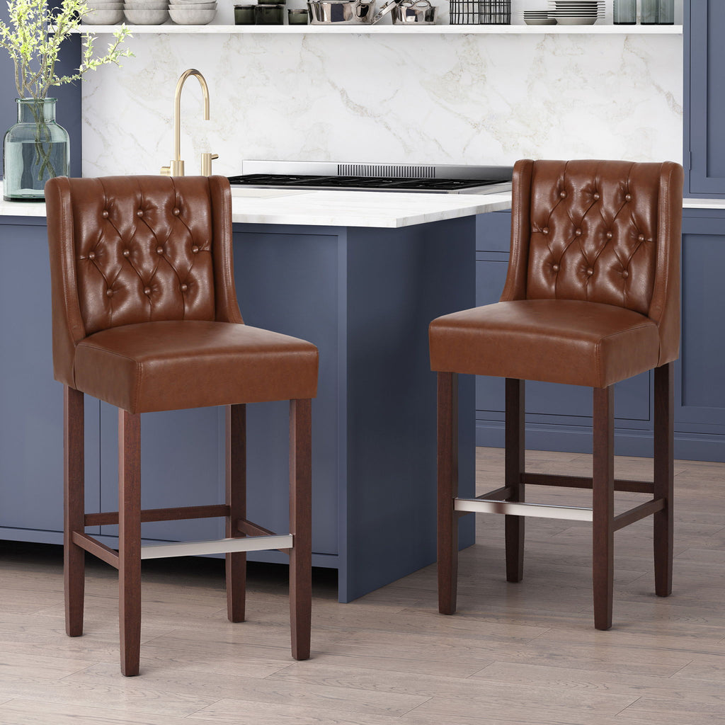 Upholstered Barstool with Button Tufted Wing Back - Multiple Colors