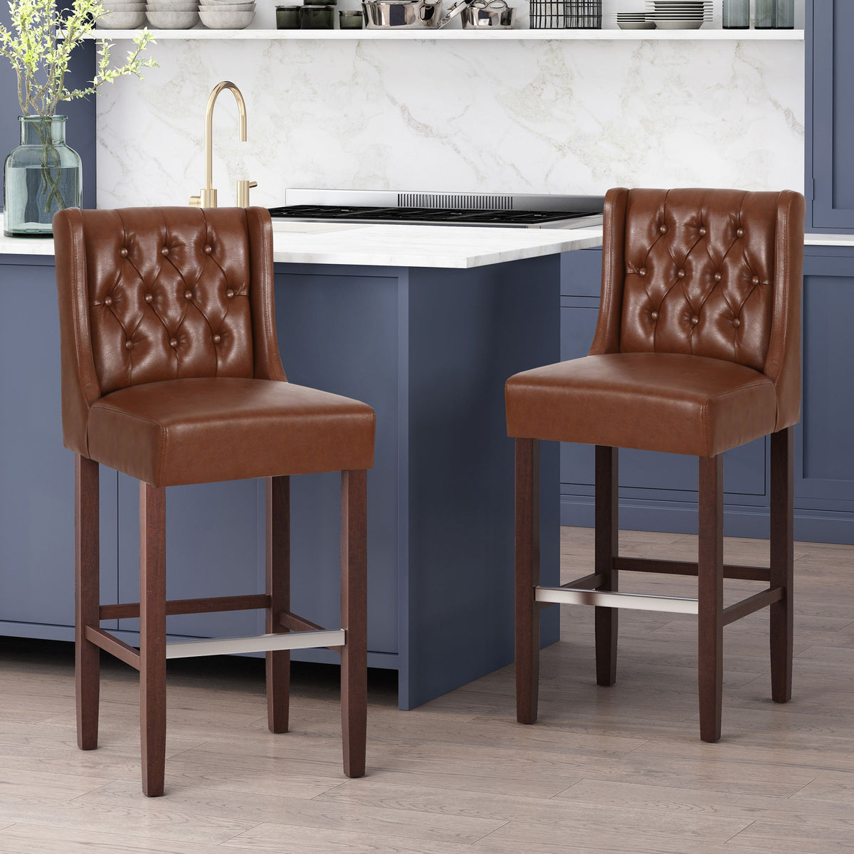 Upholstered Barstool with Button Tufted Wing Back - Multiple Colors