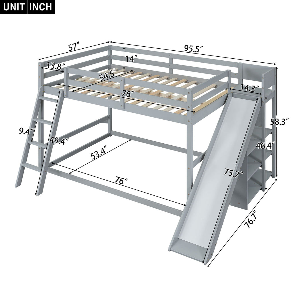 Bunk Bed With Ladder, Slide, and Shelves - Pine Wood, Full Over Full