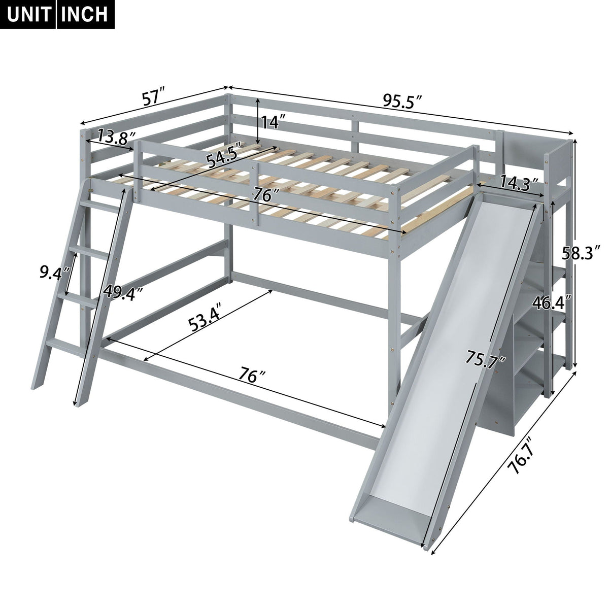 Bunk Bed With Ladder, Slide, and Shelves - Pine Wood, Full Over Full