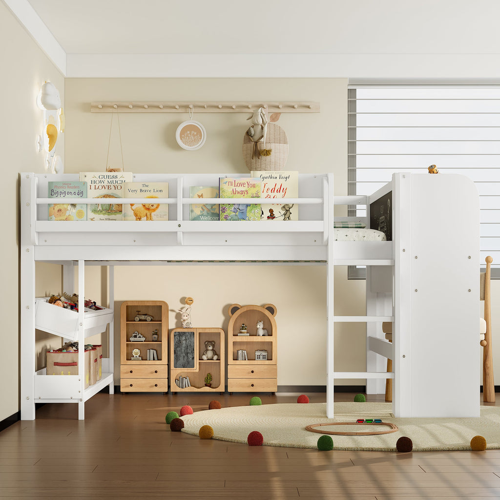Full Loft Bed with Multi-Storage Bookcases and Desk – White