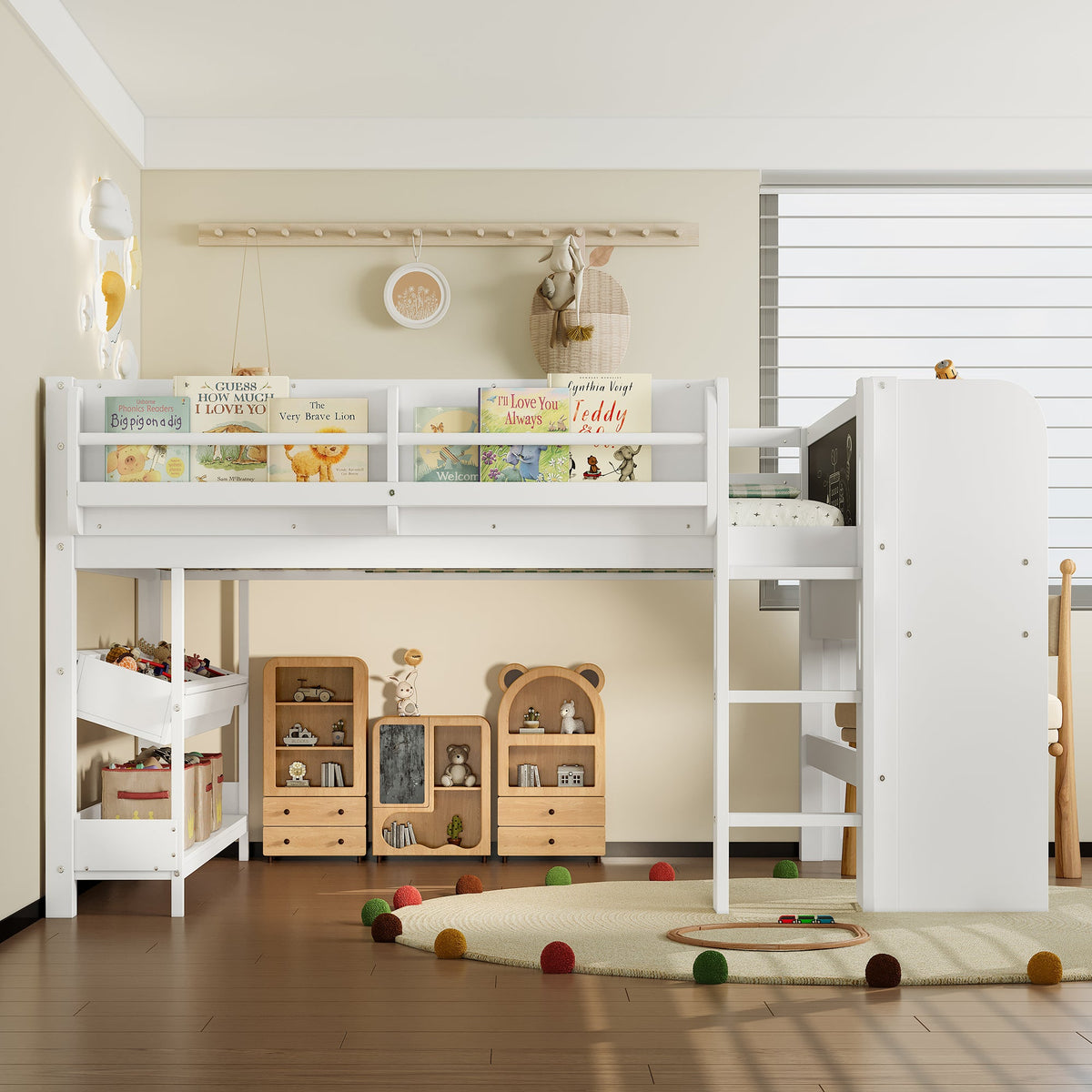 Full Loft Bed with Multi-Storage Bookcases and Desk – White