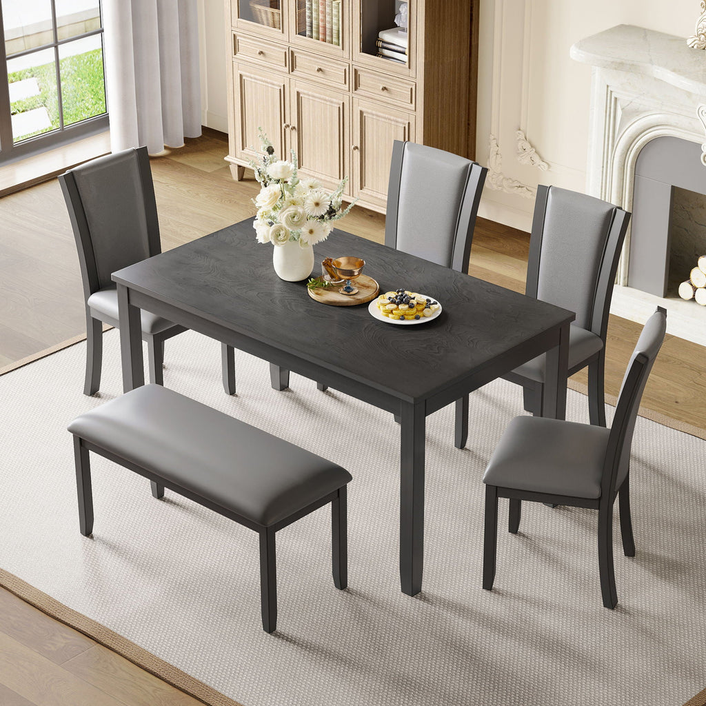 Gray 6 Piece Dining Room Set with Bench with Padded Faux Leather Seats - Gray Wood Grain