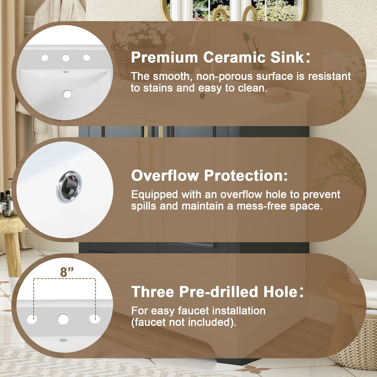 Bathroom Vanity with Sink and Soft Close Doors - White, Black, Green, or Gray