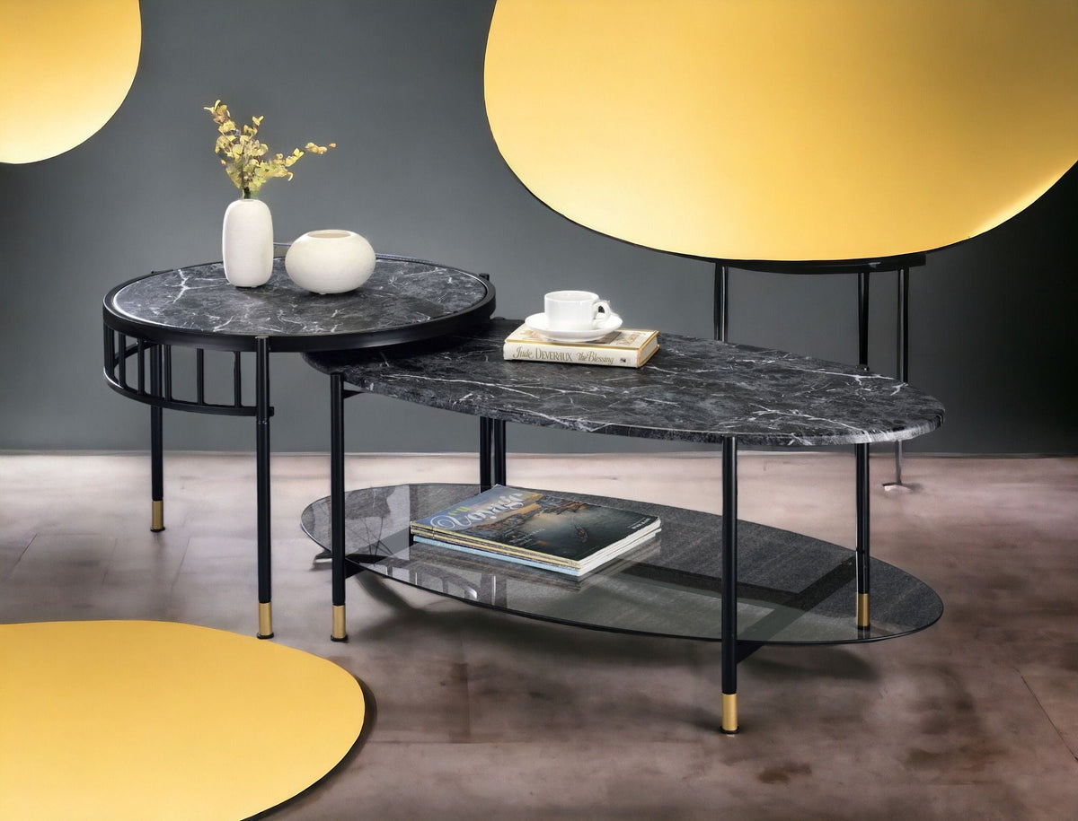 Silas Engineered Stone Top Nesting Tables with Metal Frame - Black