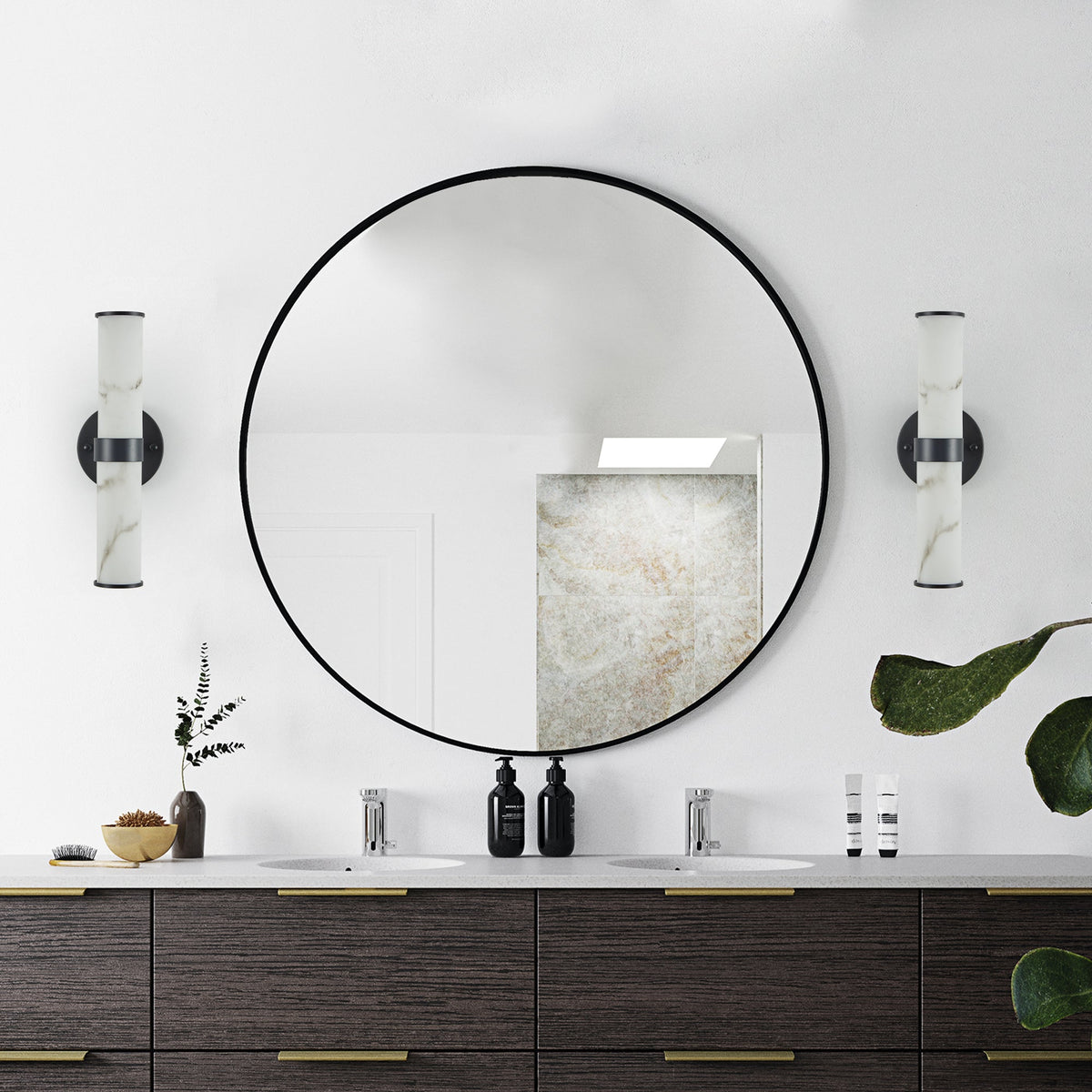 Resin Imitation Marble Texture Wall Light Set of 2 with Black Iron Frame