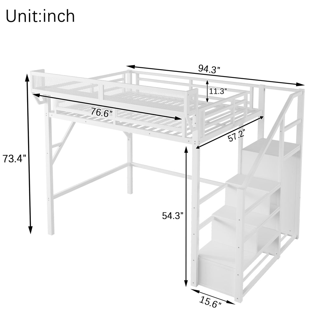 Full Size Loft Bed with Stairs and Storage Shelves - Metal, White