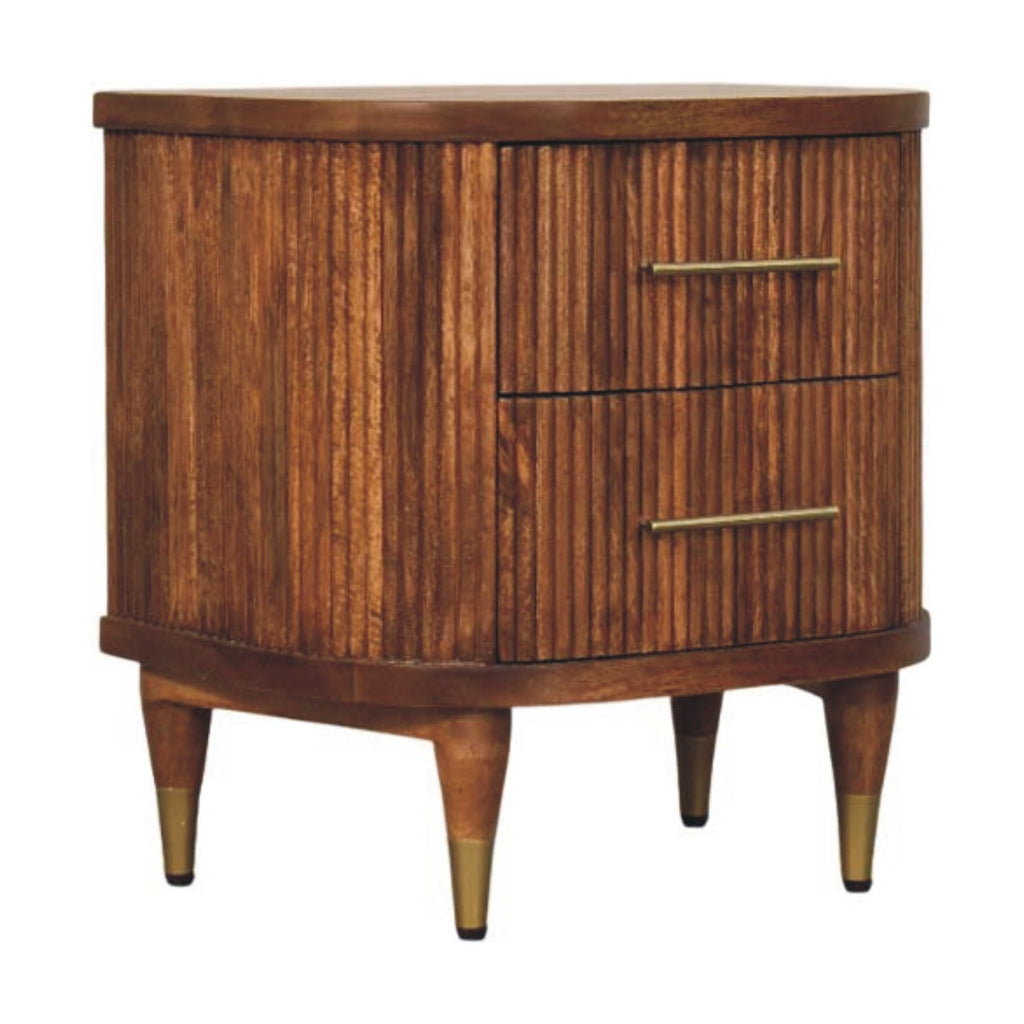 Solid Wood Ribbed Bedside Table with Ribbed Design - Amber Oak Finish