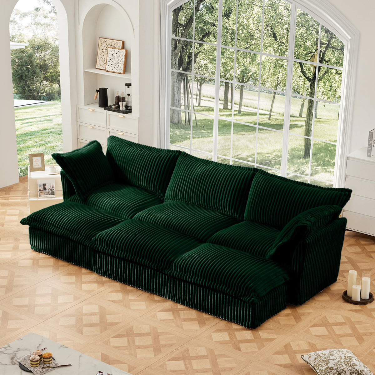 Slipcovered Living Room Sofa with 3 Ottomans - Corduroy