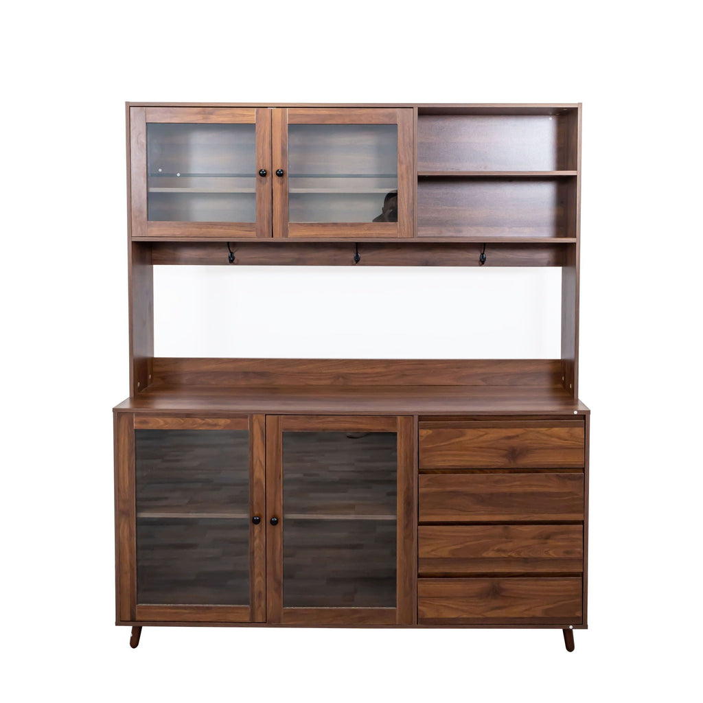 Large Kitchen Hutch Cabinet with Microwave Shelf - Walnut