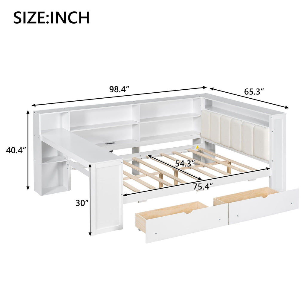 Platform Storage Bed with Shelves, Desk, Charging Station & LED - Full Size