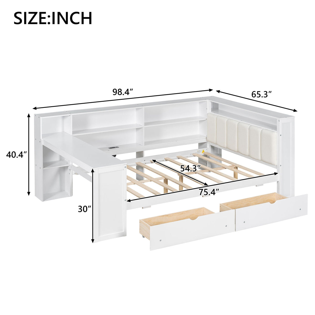 Platform Storage Bed with Shelves, Desk, Charging Station & LED - Full Size