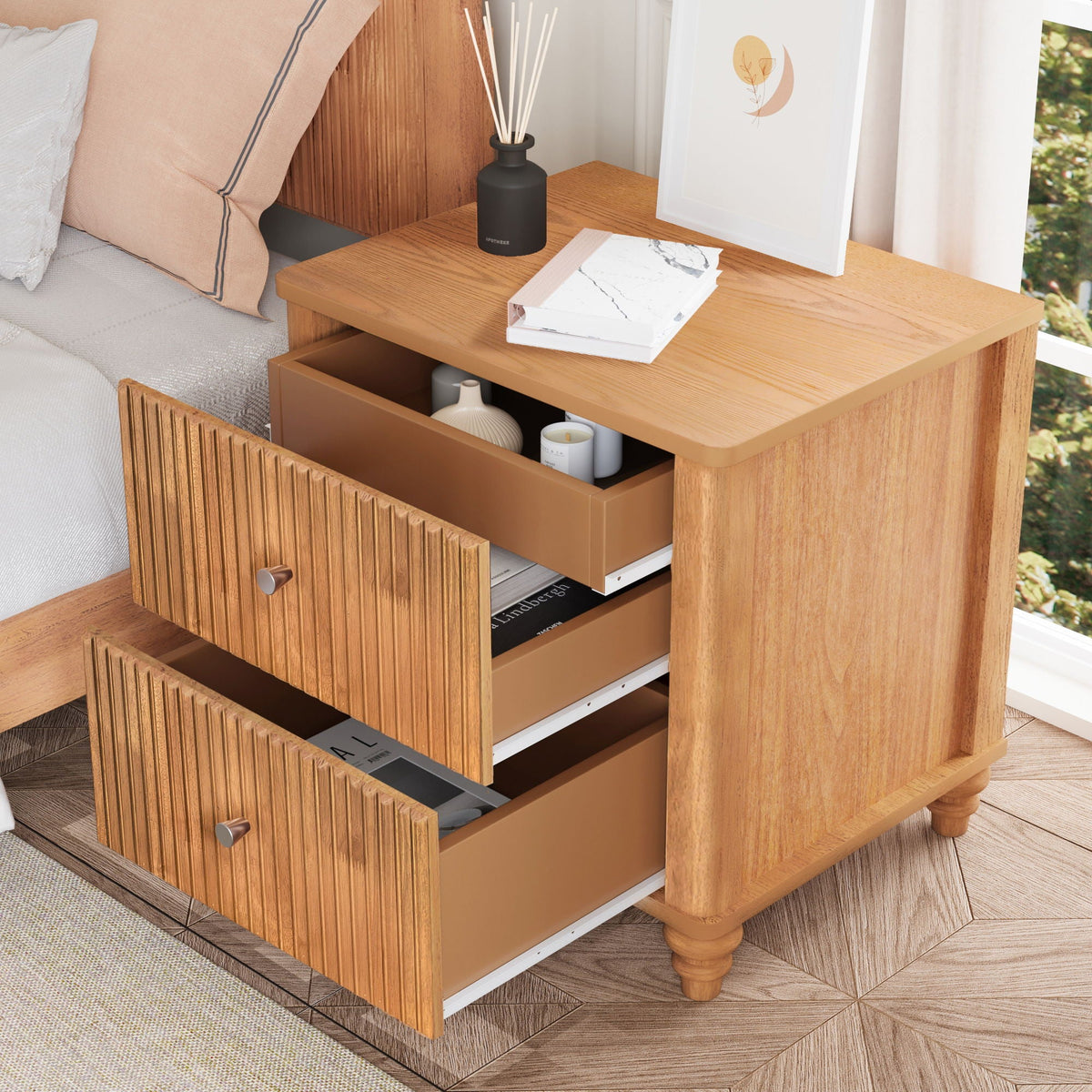 Modern Fluted Nightstand with 3 Drawers - Dark Brown or Light Brown