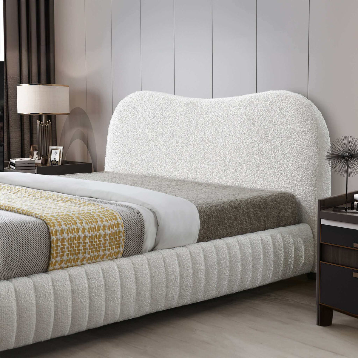 Queen Size Upholstered Low Profile Platform Bed with Boucle Fabric – Cream