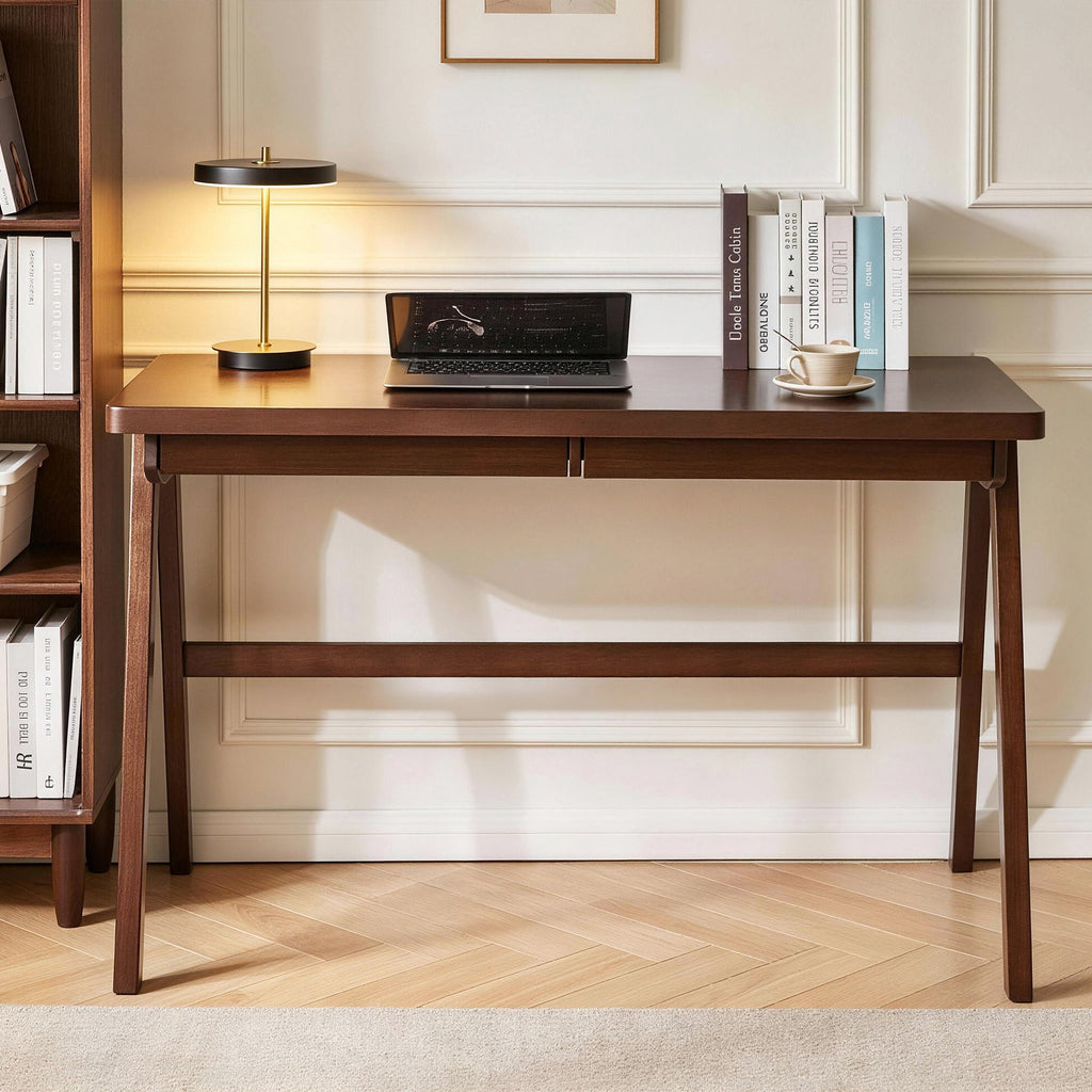 Solid Rubber Wood Computer Desk with Retro Design - Natural Wood
