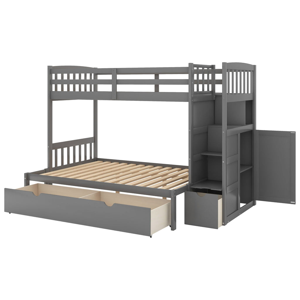 Convertible Twin Over Full Bunk Bed with Storage Shelves and Drawers - White or Dark Gray