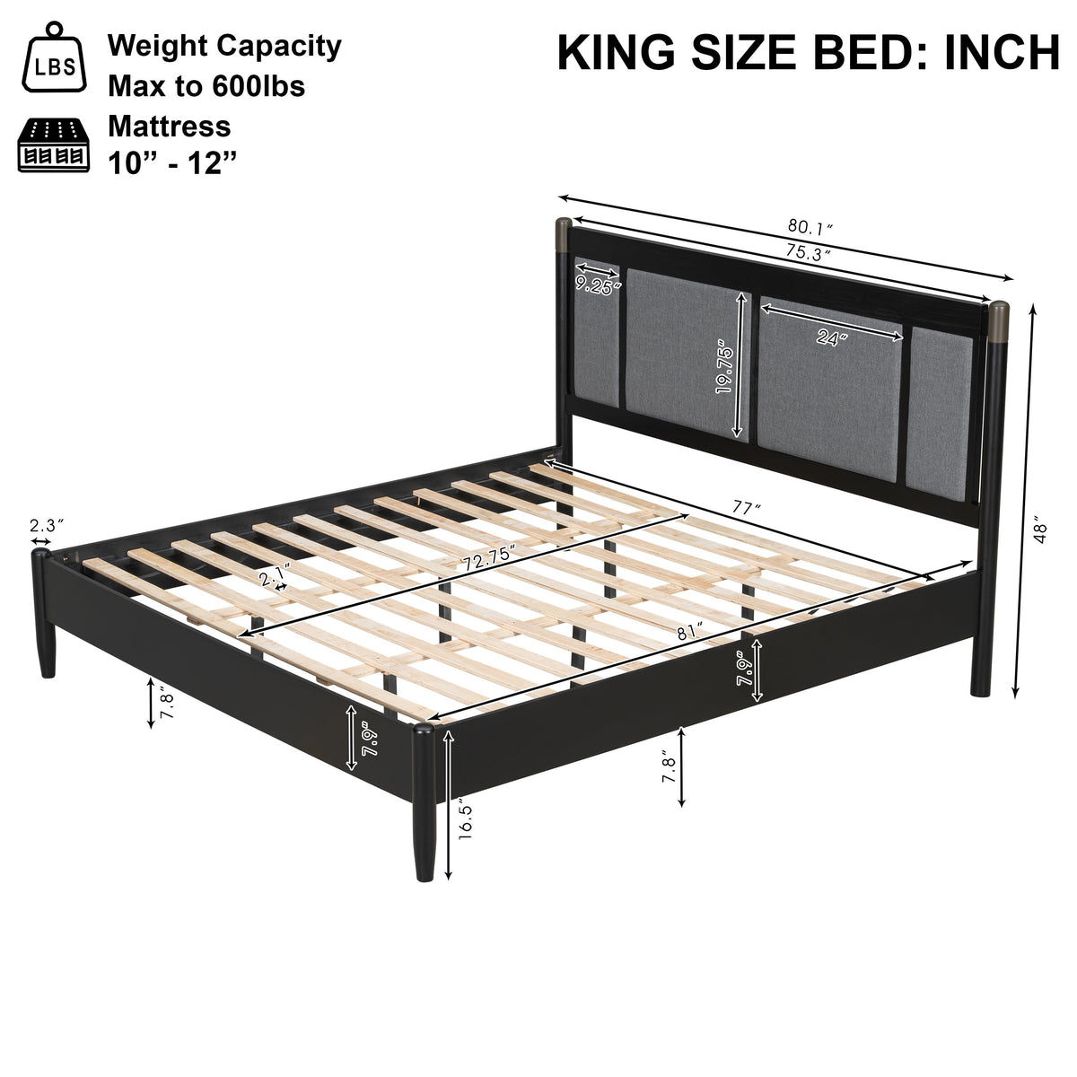 Solid Wood King Bed Frame with Heavy Duty Support - Black/Dark Grey or Grey/Light Grey