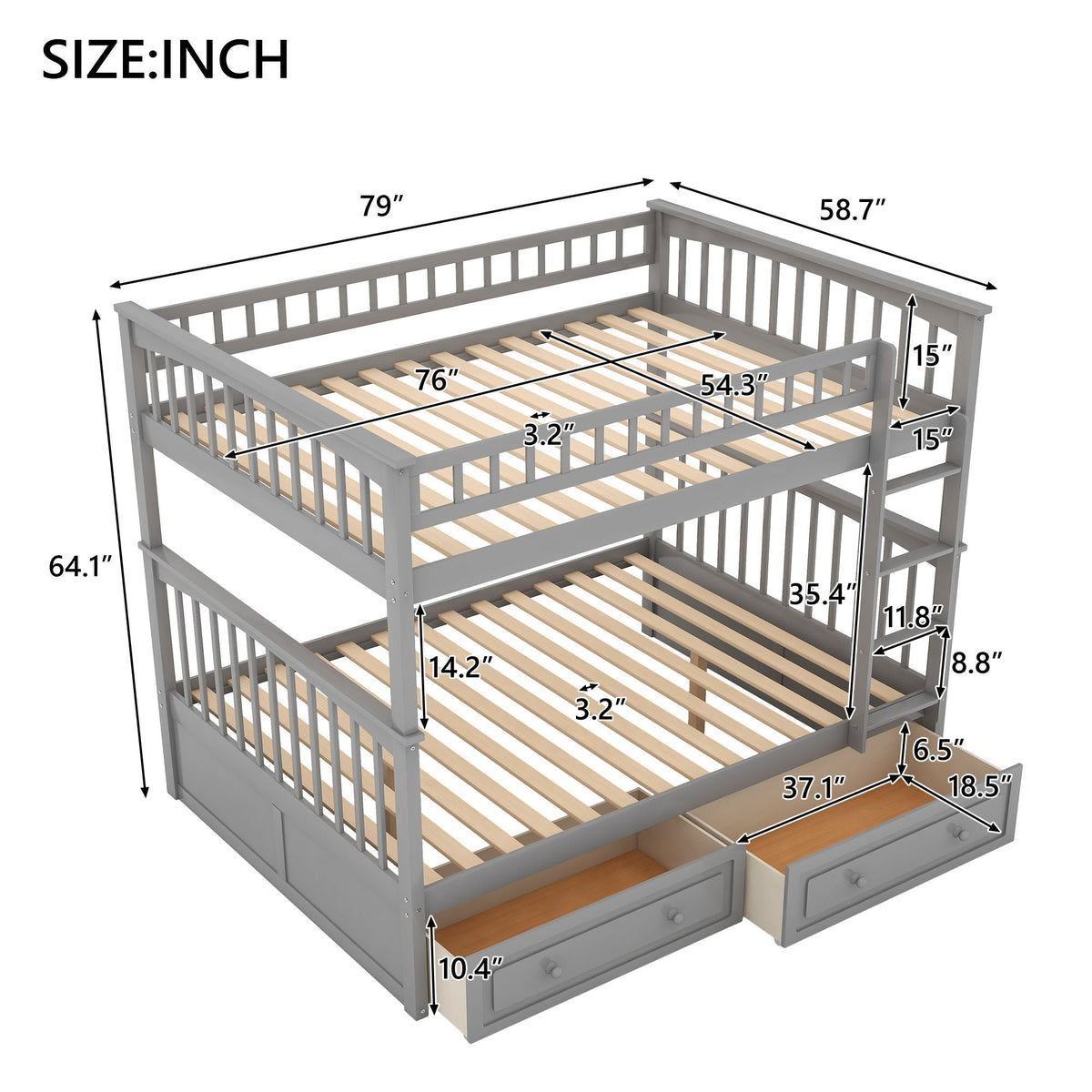 Convertible Bunk Bed With Drawers - Solid Wood with Storage - White, Dark Brown or Dark Gray