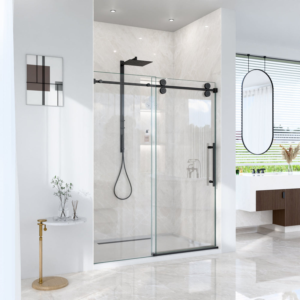 Frameless Single Sliding Shower Door with Matte Finish - Matte Black