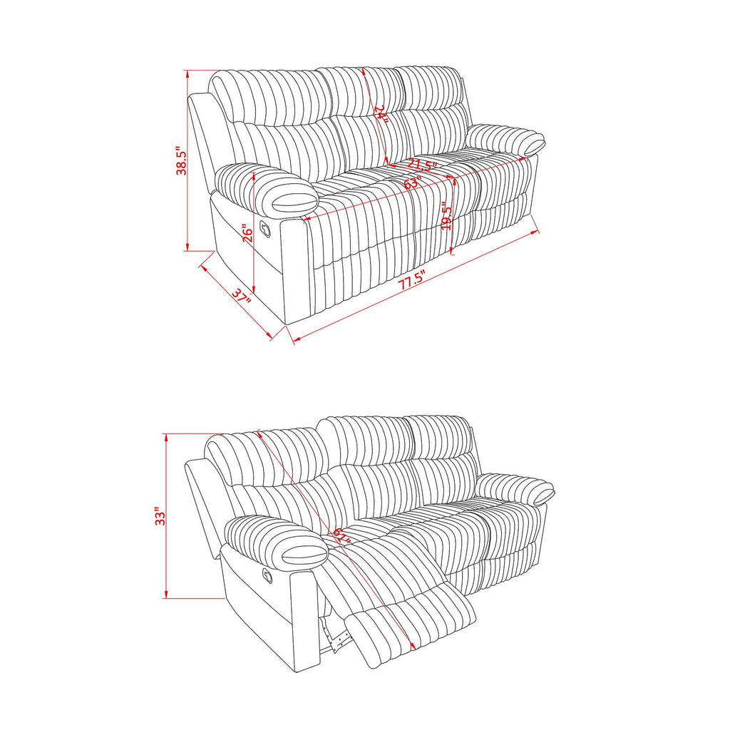 Manual Reclining Sofa with Medium Firm Support - Dark Brown or Gray