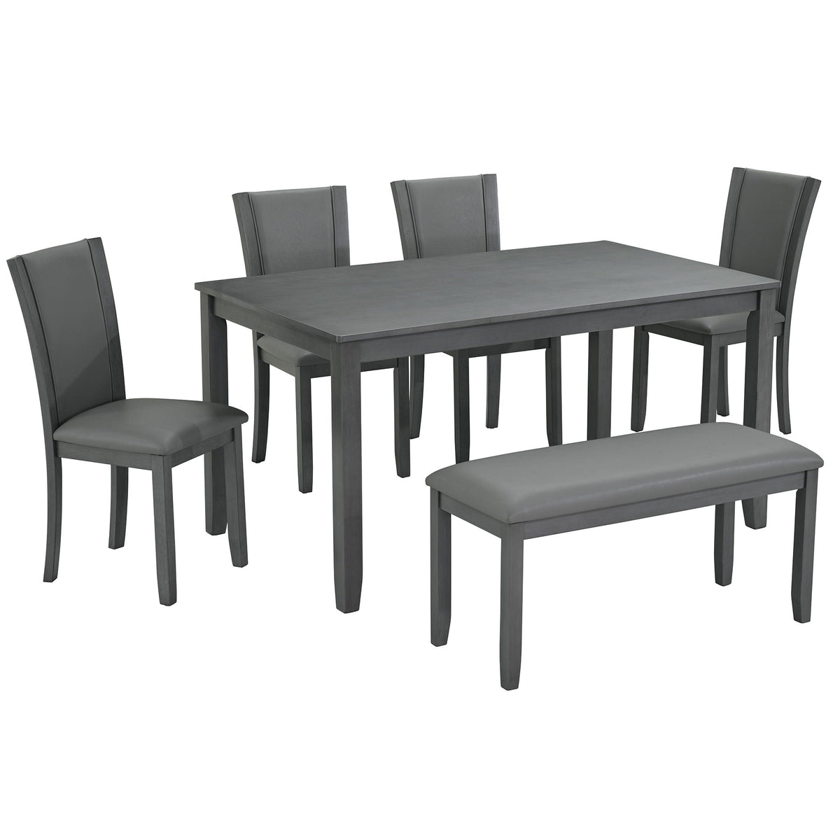Gray 6 Piece Dining Room Set with Bench with Padded Faux Leather Seats - Gray Wood Grain