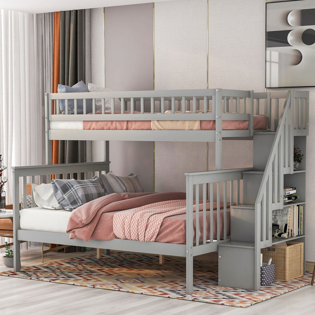 Bunk Bed with Staircase and Storage Options - Dark Gray or White
