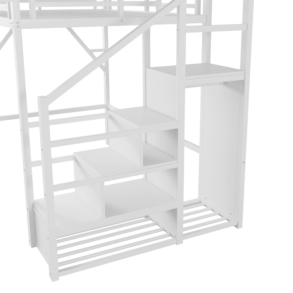 Full Size Loft Bed with Stairs and Storage Shelves - Metal, White