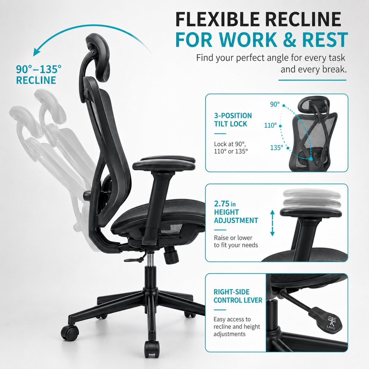 Ergonomic Office Chair with Adjustable Lumbar Support - Mesh High Back