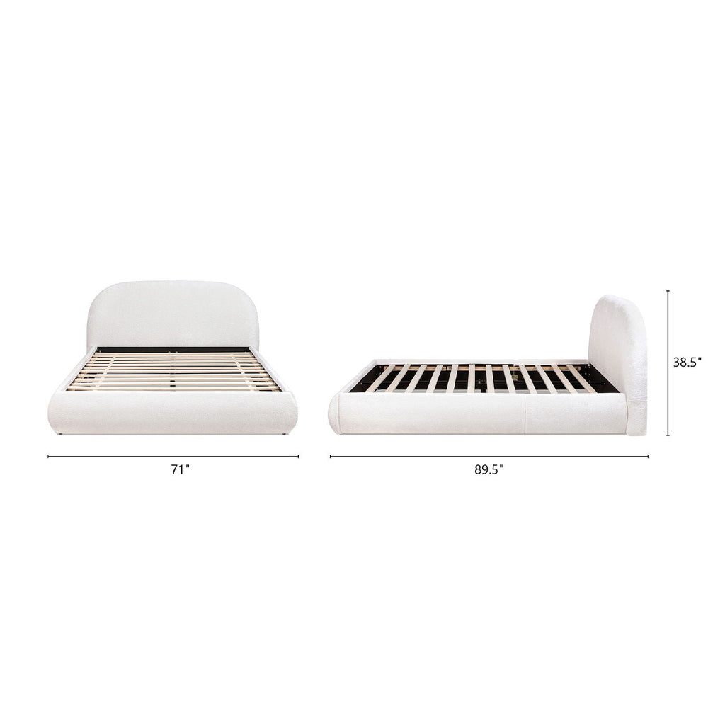 Archie Puffy Grounded Upholstered Platform Bed with Rounded Headboard - Green, White, Beige