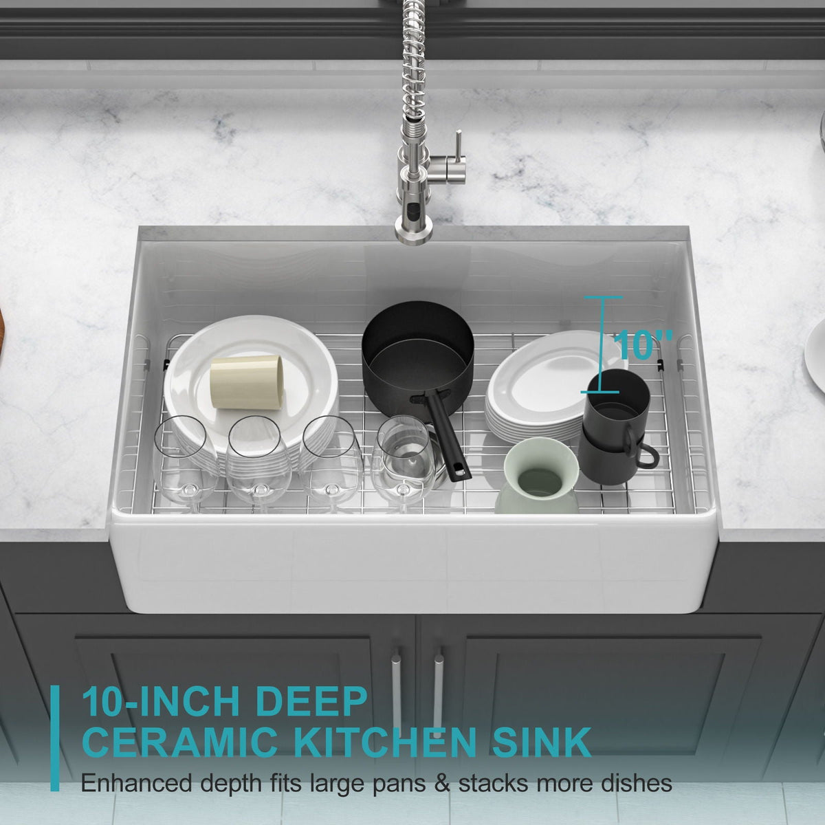 Ceramic Farmhouse Sink with Deep Basin and Stainless Steel Grid - White