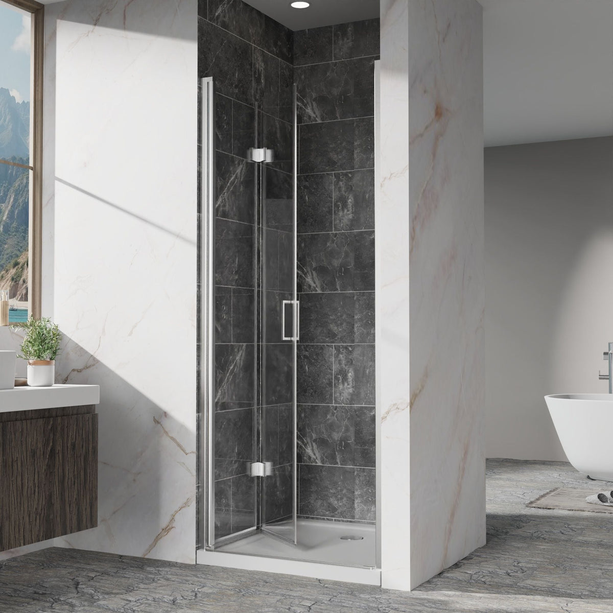 Frameless Bi Fold Shower Doors with Tempered Glass - Chrome