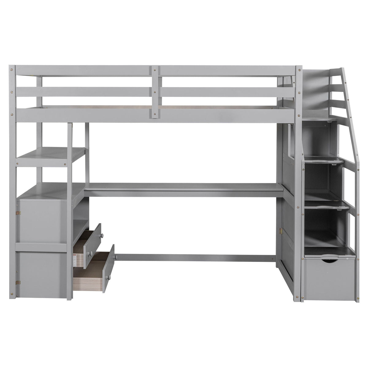 Loft Bed with Desk and Storage Staircase - Full or Twin, White or Gray
