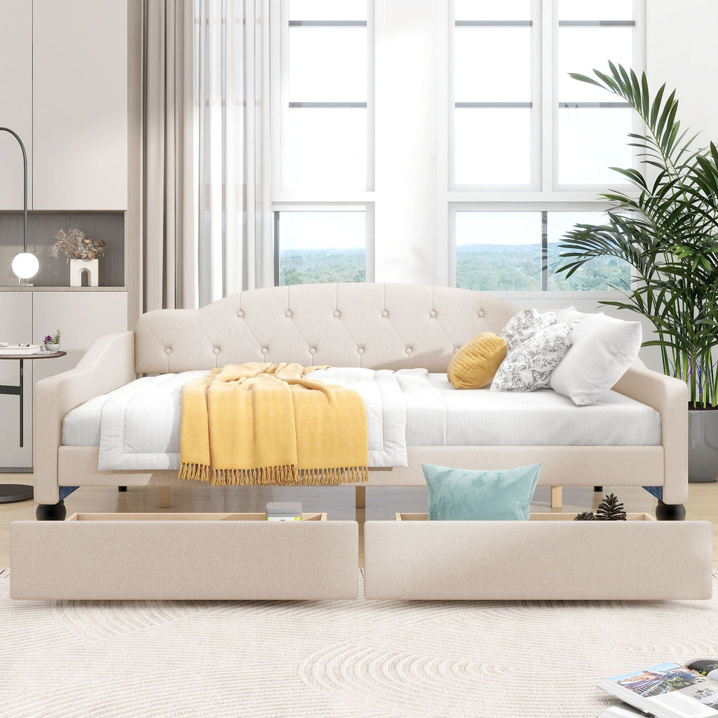 Upholstered Tufted Daybed with Storage Options - Beige