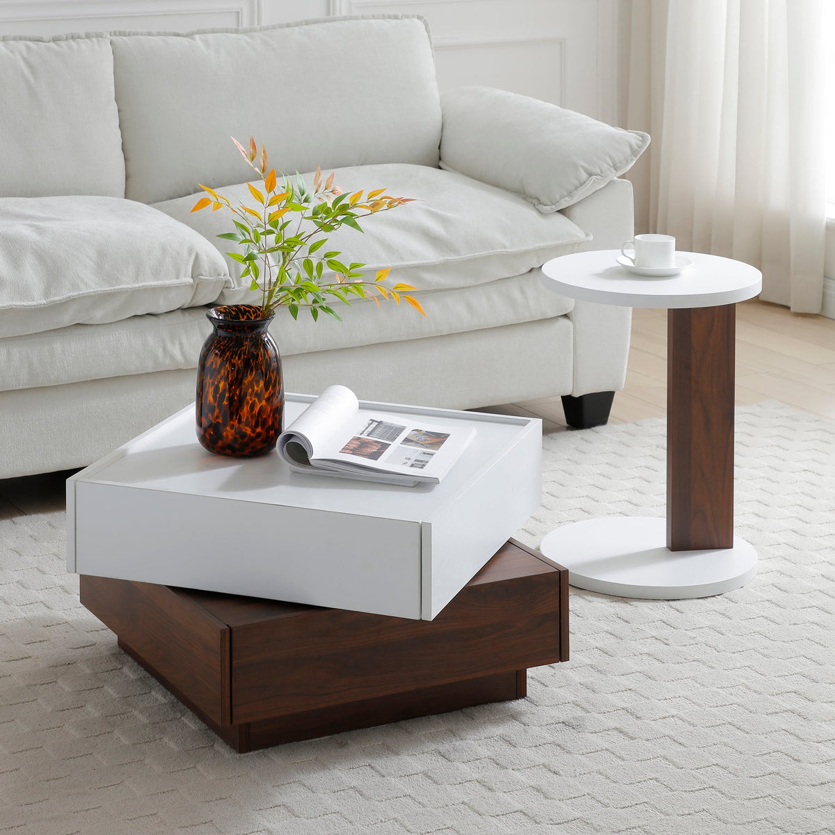 Rotating Coffee Table with 2 Drawers - Modern Storage Table