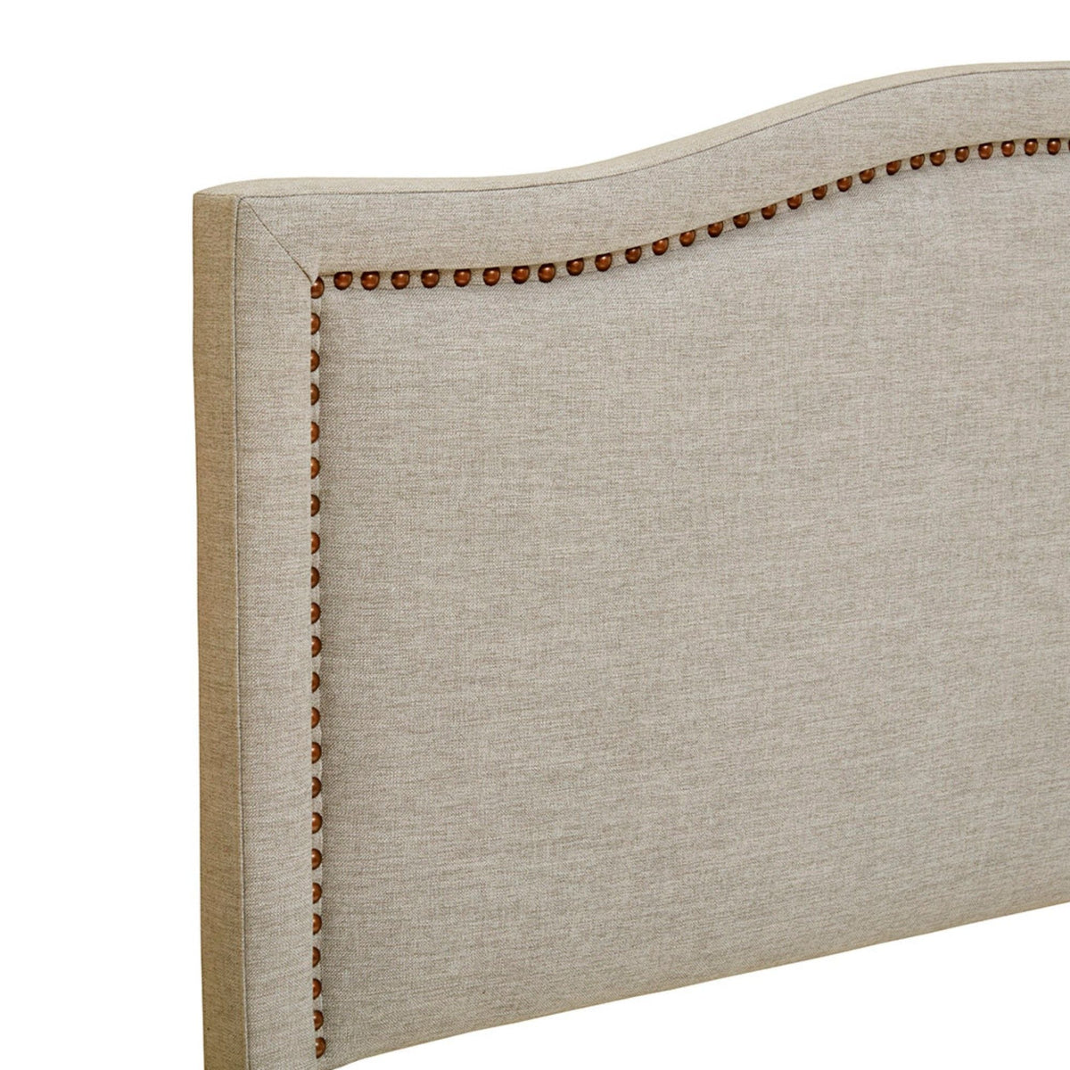 Light Brown Panel Upholstered Headboard with Copper Nailheads – Adjustable Metal Legs