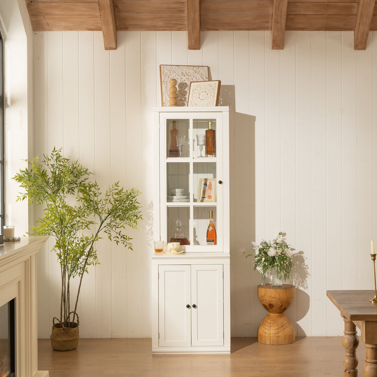 Retro Style Hutch Cabinet with Glass Door - White