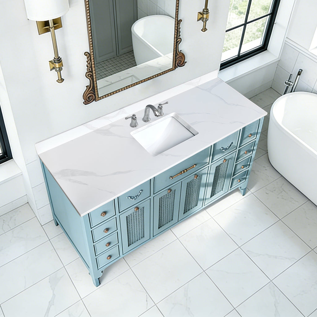 61-Inch Quartz Bathroom Vanity Top with Undermount Sink - Carrara Finish