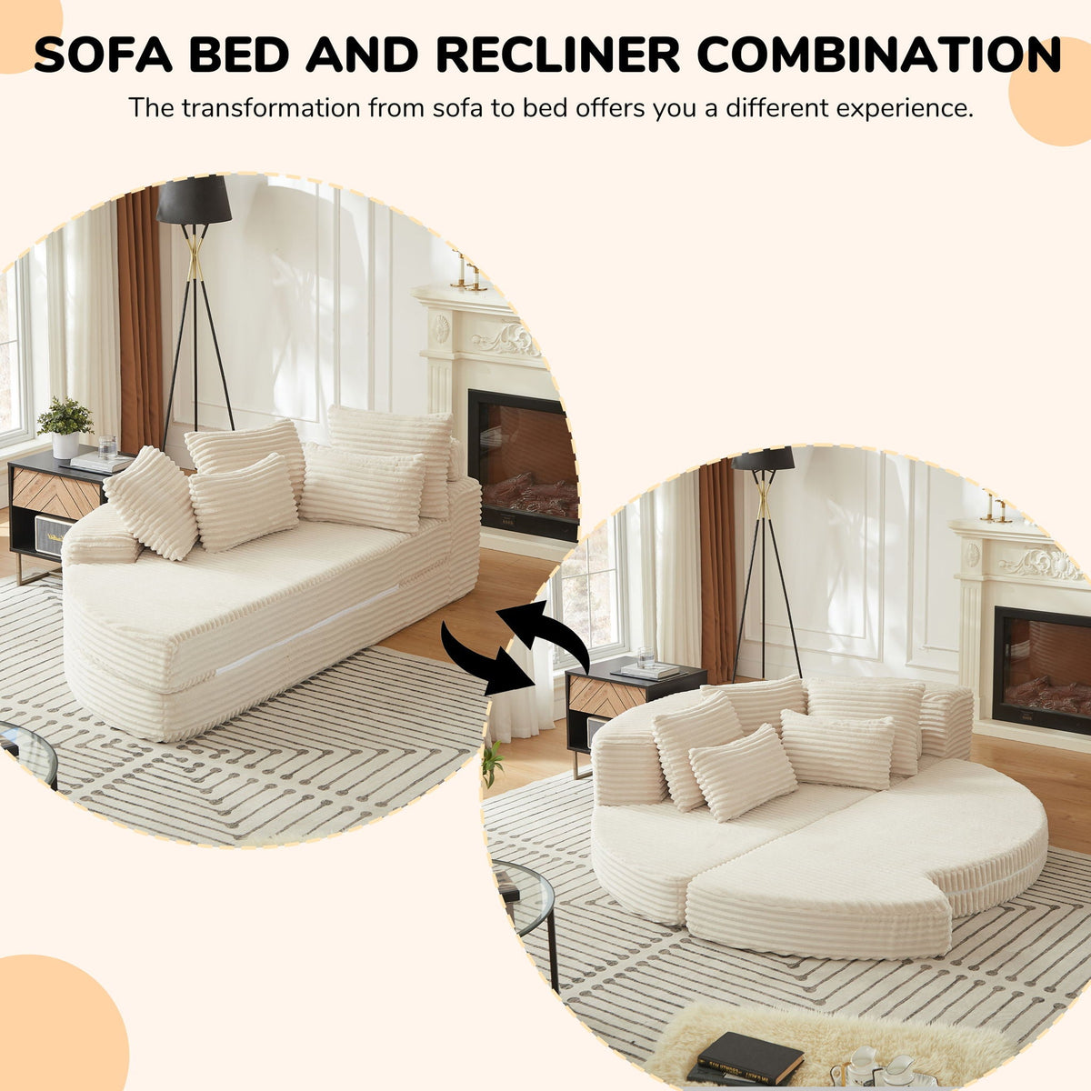 Semi Circular 2-in-1 Sofa Bed with Neck Pillow and Throw Pillows – Multiple Colors